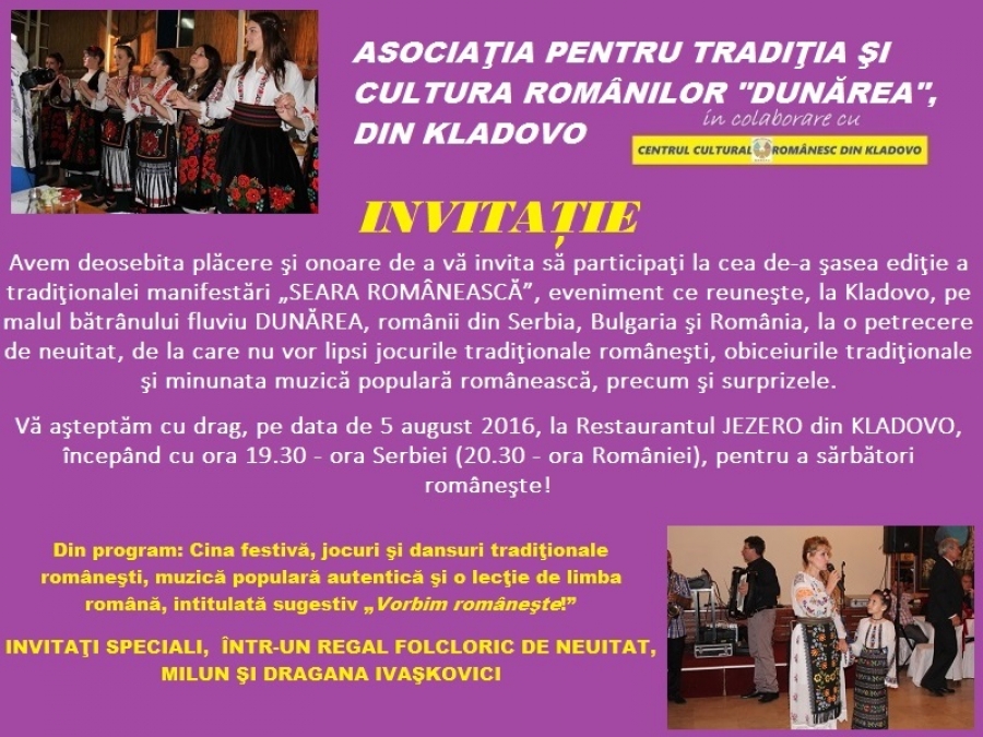 INVITAȚIE LA SEARA ROM&Acirc;NEASCĂ DE LA KLADOVO